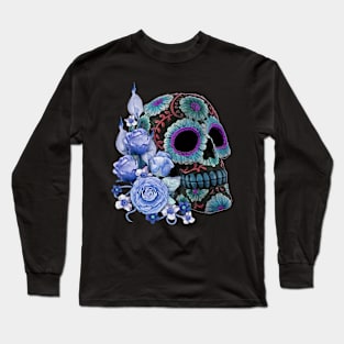 Blue Floral Black Sugar Skull Day Of The Dead Long Sleeve T-Shirt